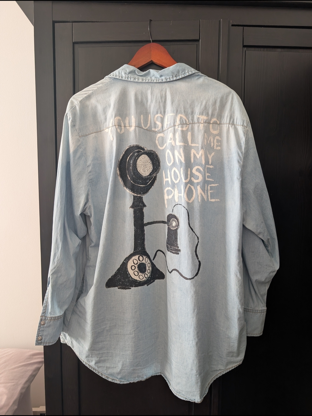 Light Blue Graphic Denim Button-Down Shirt with Retro Phone Print